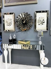 Bronz Renk Simli İkili Allah C.C & Hz. Muhammed Sav Tablo Güneş Model Aynalı Saat Türkçe Rakam