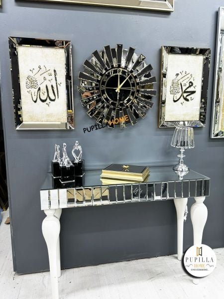 Bronz Renk Simli İkili Allah C.C & Hz. Muhammed Sav Tablo Güneş Model Aynalı Saat