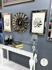 Bronz Renk Simli İkili Allah C.C & Hz. Muhammed Sav Tablo Güneş Model Aynalı Saat Türkçe Rakam