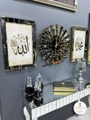 Bronz Renk Simli İkili Allah C.C & Hz. Muhammed Sav Tablo Güneş Model Aynalı Saat Türkçe Rakam