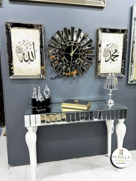 Bronz Renk Simli İkili Allah C.C & Hz. Muhammed Sav Tablo Güneş Model Aynalı Saat Roma Rakam