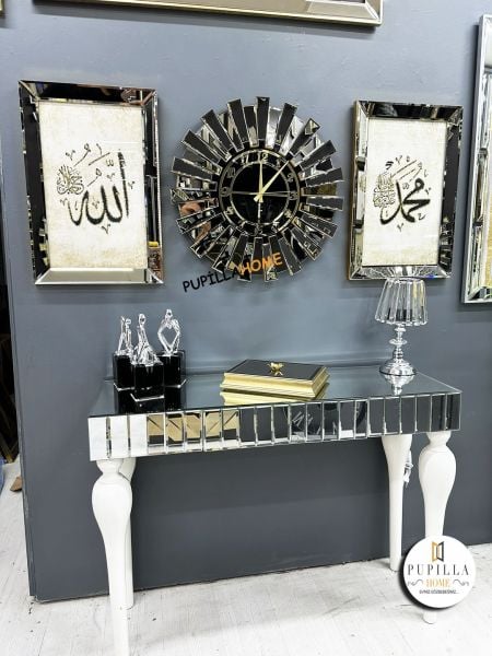 Bronz Renk Simli İkili Allah C.C & Hz. Muhammed Sav Tablo Güneş Model Aynalı Saat Türkçe Rakam