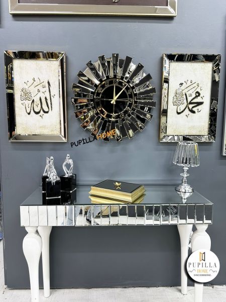 Bronz Renk Simli İkili Allah C.C & Hz. Muhammed Sav Tablo Güneş Model Aynalı Saat Türkçe Rakam