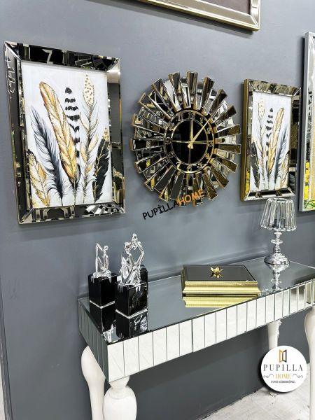 Bronz Renk Simli İkili Kuş Tüyü Tablo Güneş Model Aynalı Saat