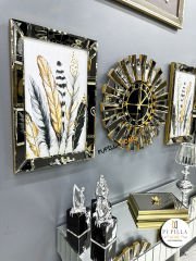 Bronz Renk Simli İkili Kuş Tüyü Tablo Güneş Model Aynalı Saat Roma Rakam