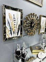 Bronz Renk Simli İkili Kuş Tüyü Tablo Güneş Model Aynalı Saat