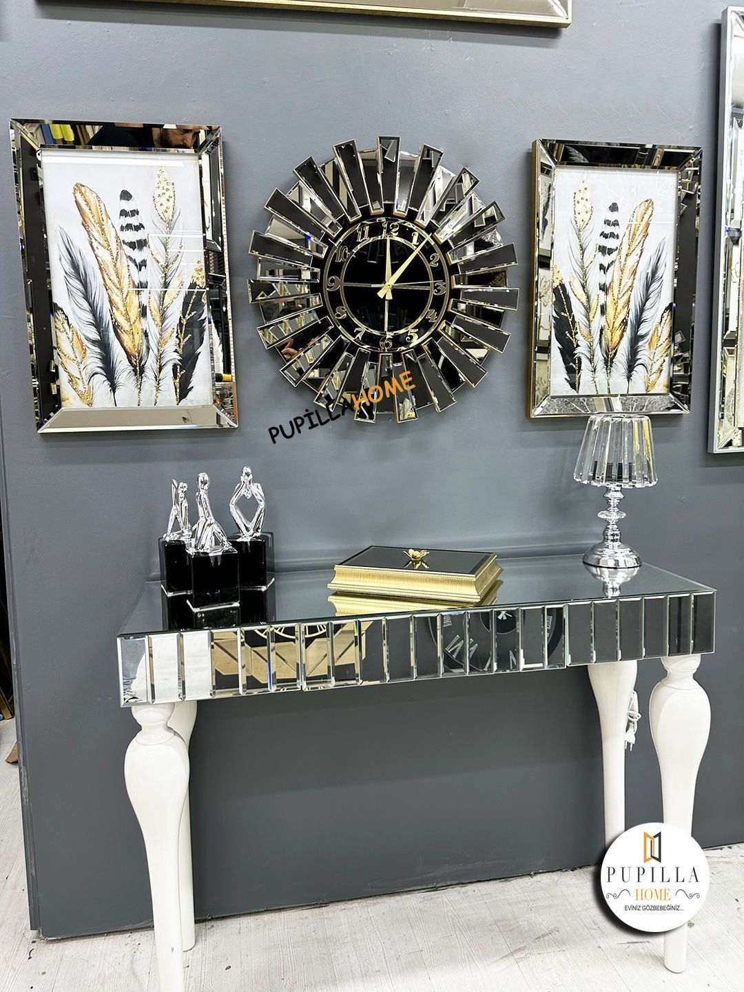 Bronz Renk Simli İkili Kuş Tüyü Tablo Güneş Model Aynalı Saat