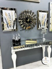 Bronz Renk Simli İkili Kuş Tüyü Tablo Güneş Model Aynalı Saat Roma Rakam