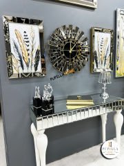 Bronz Renk Simli İkili Kuş Tüyü Tablo Güneş Model Aynalı Saat