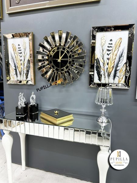 Bronz Renk Simli İkili Kuş Tüyü Tablo Güneş Model Aynalı Saat Roma Rakam