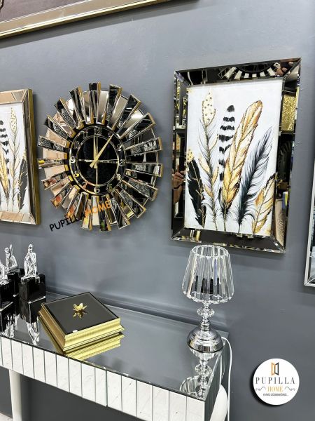 Bronz Renk Simli İkili Kuş Tüyü Tablo Güneş Model Aynalı Saat Türkçe Rakam