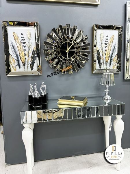 Bronz Renk Simli İkili Kuş Tüyü Tablo Güneş Model Aynalı Saat Türkçe Rakam