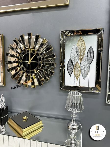 Bronz Renk Simli İkili Yeni Yaprak Tablo Güneş Model Aynalı Saat