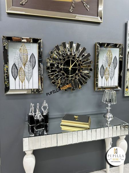 Bronz Renk Simli İkili Yeni Yaprak Tablo Güneş Model Aynalı Saat Roma Rakam