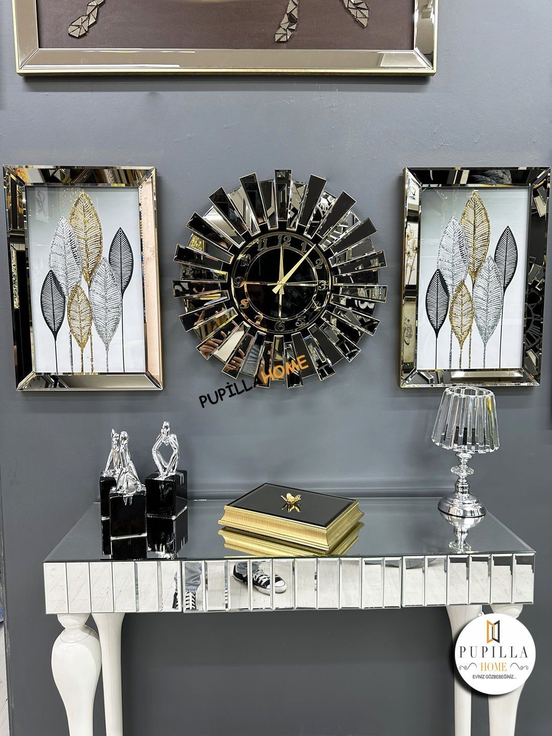 Bronz Renk Simli İkili Yeni Yaprak Tablo Güneş Model Aynalı Saat Türkçe Rakam