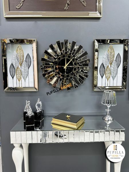 Bronz Renk Simli İkili Yeni Yaprak Tablo Güneş Model Aynalı Saat Türkçe Rakam