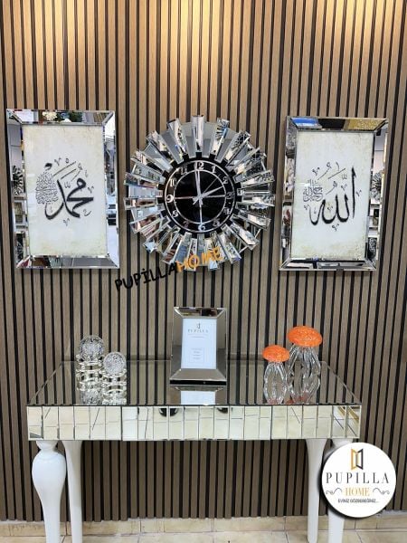 Gümüş Renk Simli İkili Allah C.C & Hz. Muhammed Sav Tablo Güneş Model Aynalı Saat