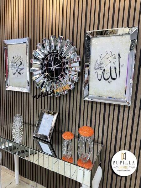 Gümüş Renk Simli İkili Allah C.C & Hz. Muhammed Sav Tablo Güneş Model Aynalı Saat