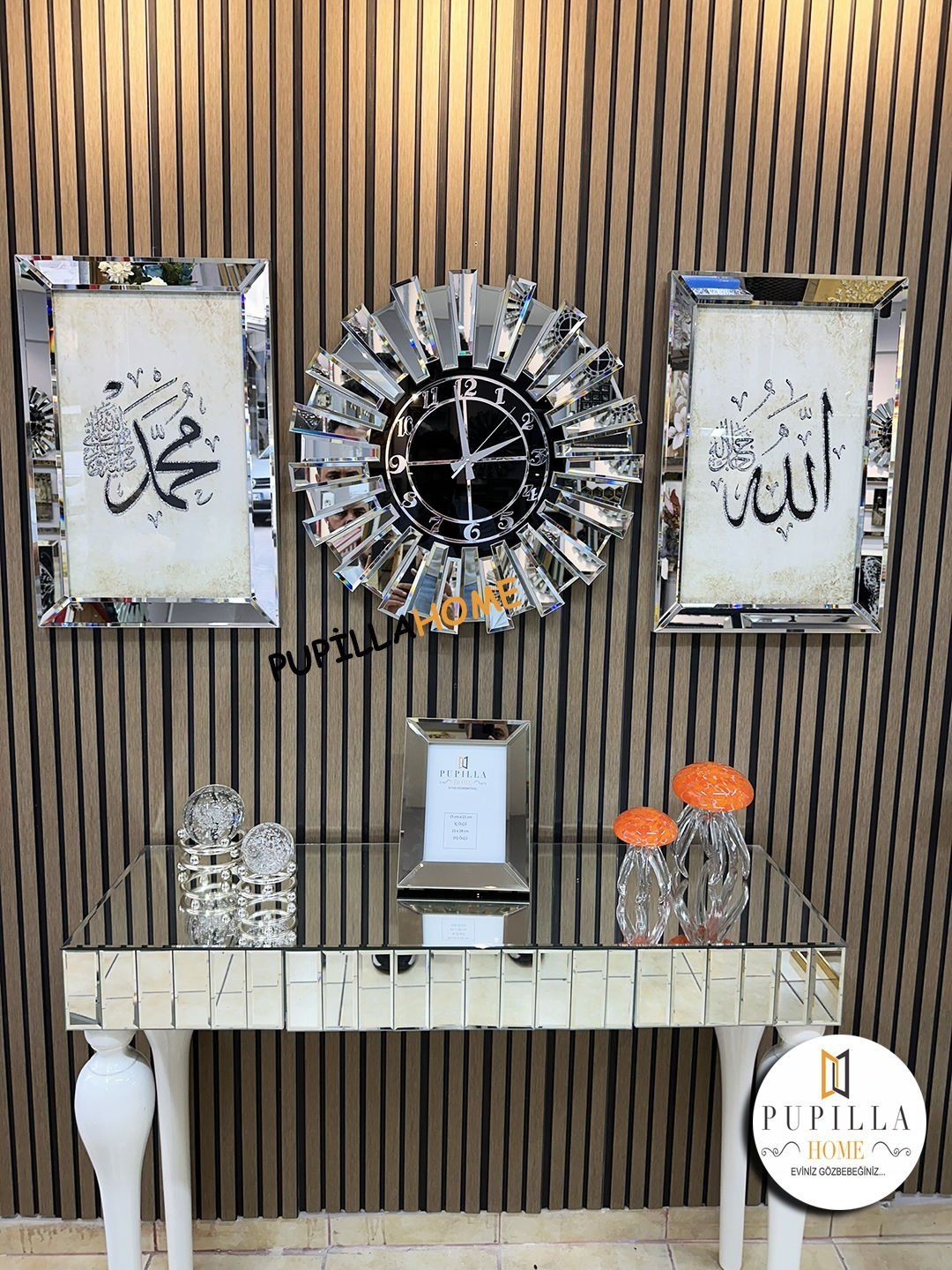 Gümüş Renk Simli İkili Allah C.C & Hz. Muhammed Sav Tablo Güneş Model Aynalı Saat Türkçe Rakam