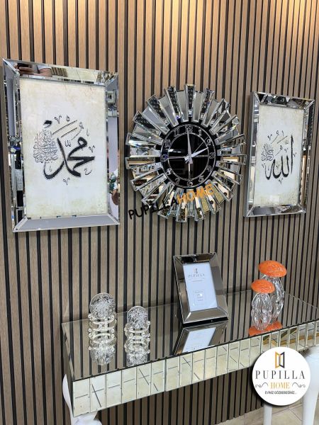 Gümüş Renk Simli İkili Allah C.C & Hz. Muhammed Sav Tablo Güneş Model Aynalı Saat Türkçe Rakam