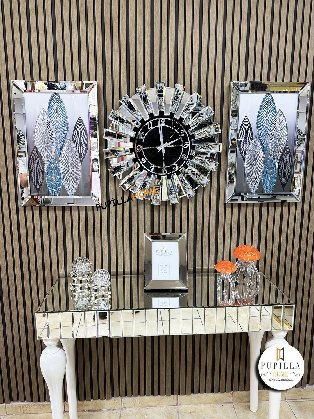 Gümüş Renk Simli İkili Yaprak Tablo Güneş Model Aynalı Saat