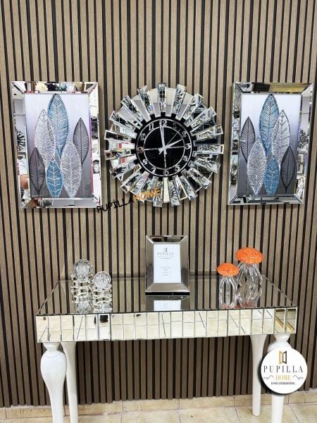 Gümüş Renk Simli İkili Yaprak Tablo Güneş Model Aynalı Saat