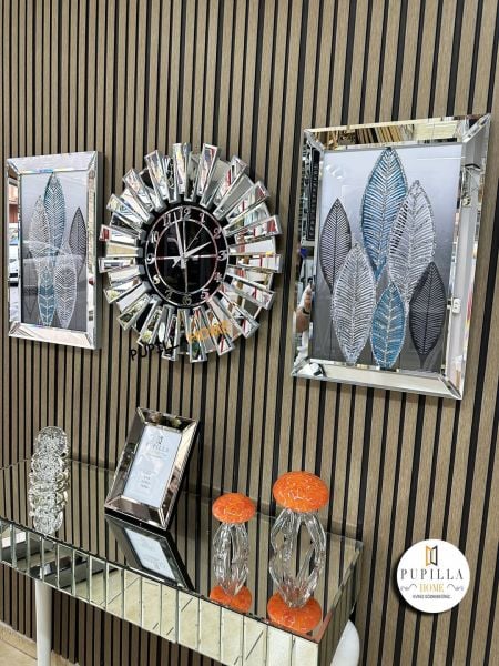 Gümüş Renk Simli İkili Yaprak Tablo Güneş Model Aynalı Saat