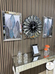 Gümüş Renk Simli İkili Yaprak Tablo Güneş Model Aynalı Saat