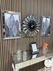 Gümüş Renk Simli İkili Yaprak Tablo Güneş Model Aynalı Saat