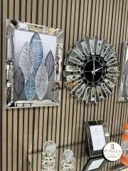 Gümüş Renk Simli İkili Yaprak Tablo Güneş Model Aynalı Saat