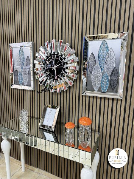 Gümüş Renk Simli İkili Yaprak Tablo Güneş Model Aynalı Saat Roma Rakam