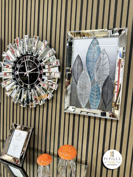 Gümüş Renk Simli İkili Yaprak Tablo Güneş Model Aynalı Saat Türkçe Rakam