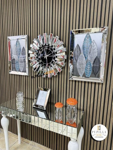 Gümüş Renk Simli İkili Yaprak Tablo Güneş Model Aynalı Saat Türkçe Rakam