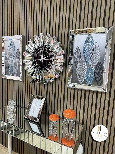 Gümüş Renk Simli İkili Yaprak Tablo Güneş Model Aynalı Saat Türkçe Rakam