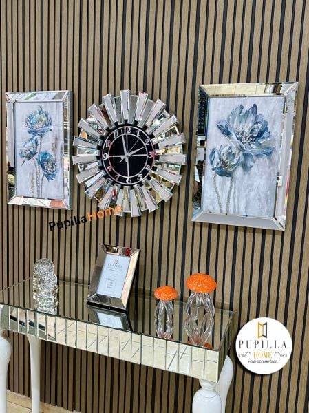 Gümüş Renk Simli İkili Çiçek Tablo Güneş Model Aynalı Saat