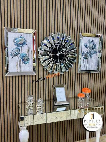 Gümüş Renk Simli İkili Çiçek Tablo Güneş Model Aynalı Saat