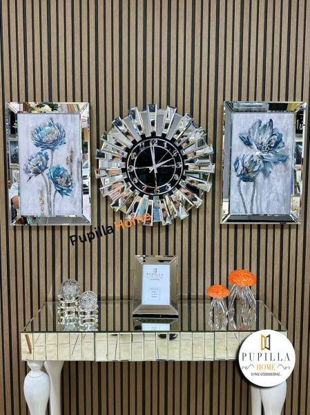 Gümüş Renk Simli İkili Çiçek Tablo Güneş Model Aynalı Saat