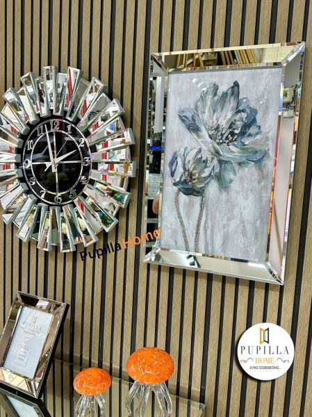 Gümüş Renk Simli İkili Çiçek Tablo Güneş Model Aynalı Saat Roma Rakam