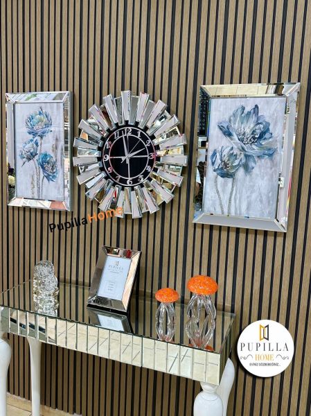 Gümüş Renk Simli İkili Çiçek Tablo Güneş Model Aynalı Saat Roma Rakam