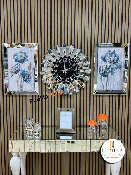 Gümüş Renk Simli İkili Çiçek Tablo Güneş Model Aynalı Saat Roma Rakam