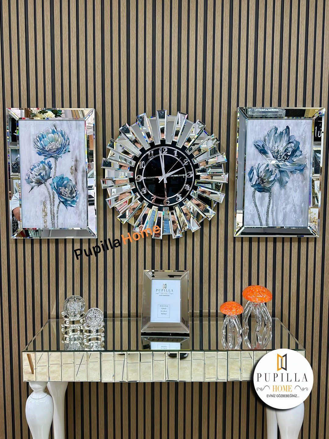 Gümüş Renk Simli İkili Çiçek Tablo Güneş Model Aynalı Saat Türkçe Rakam