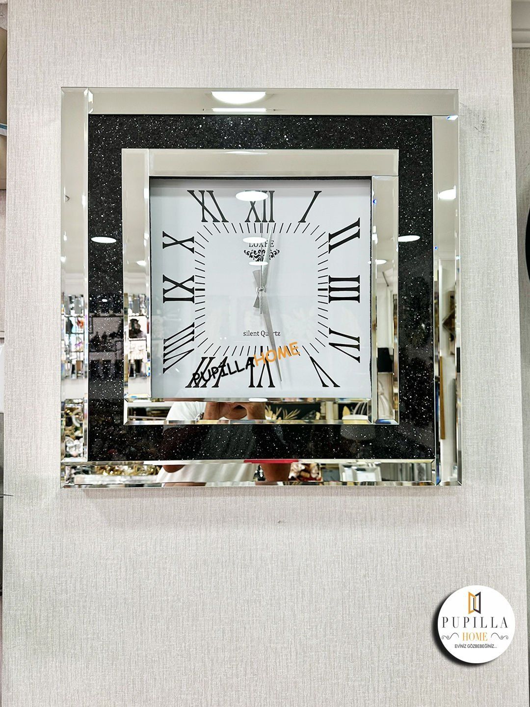 Simli Gümüş Renk Aynalı Saatı