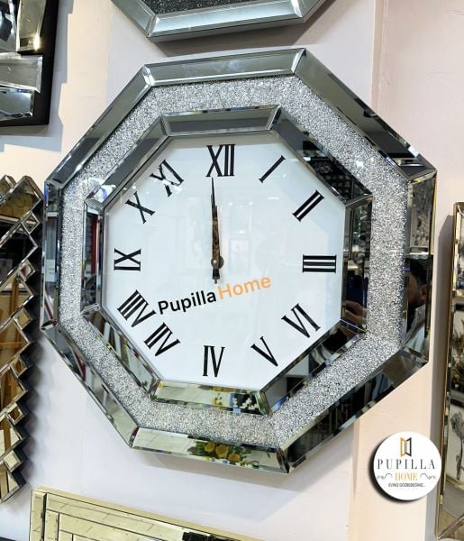 Simli Sekizgen Gümüş Renk Aynalı Saat