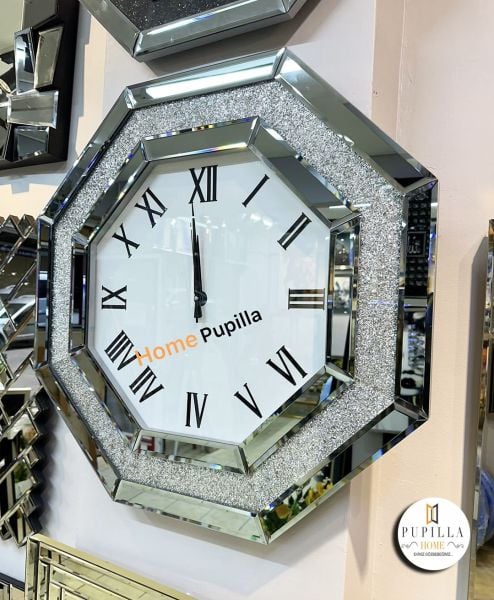 Simli Sekizgen Gümüş Renk Aynalı Saat