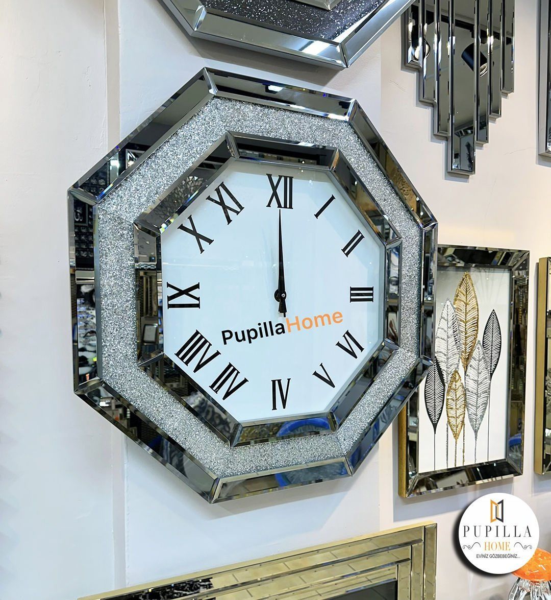 Simli Sekizgen Gümüş Renk Aynalı Saat