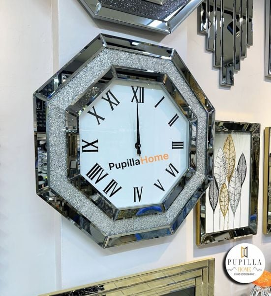 Simli Sekizgen Gümüş Renk Aynalı Saat