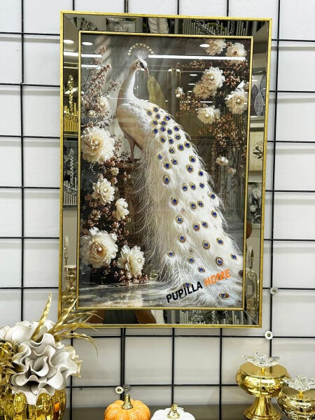Gold Renk Kristal Taş İşlemeli Tavuskuşu Tablo – Dekoratif Duvar Tablosu