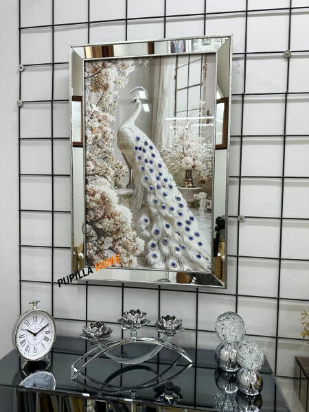 Gümüş Renk Kristal Taş İşlemeli Tavuskuşu Tablo – Dekoratif Duvar Tablosu