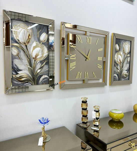 Gold Renk İnci Çiçek Desenli Aynalı 3'lü Tablo Saat Seti