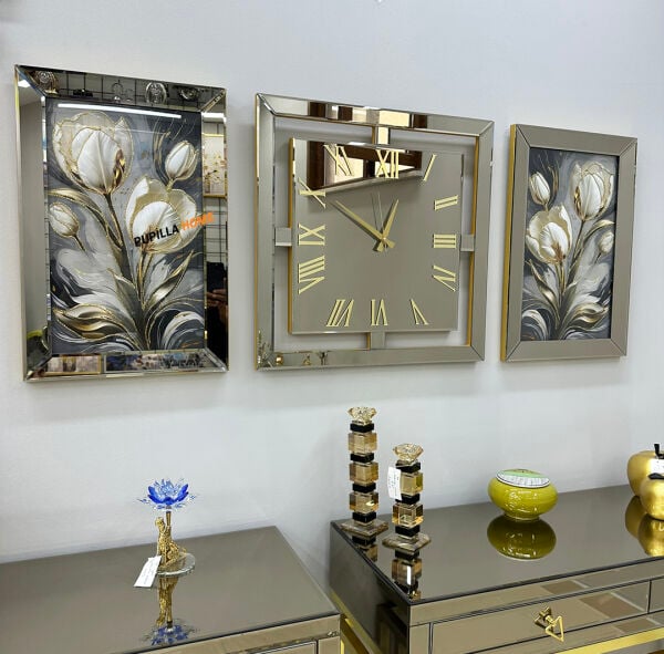 Gold Renk İnci Çiçek Desenli Aynalı 3'lü Tablo Saat Seti